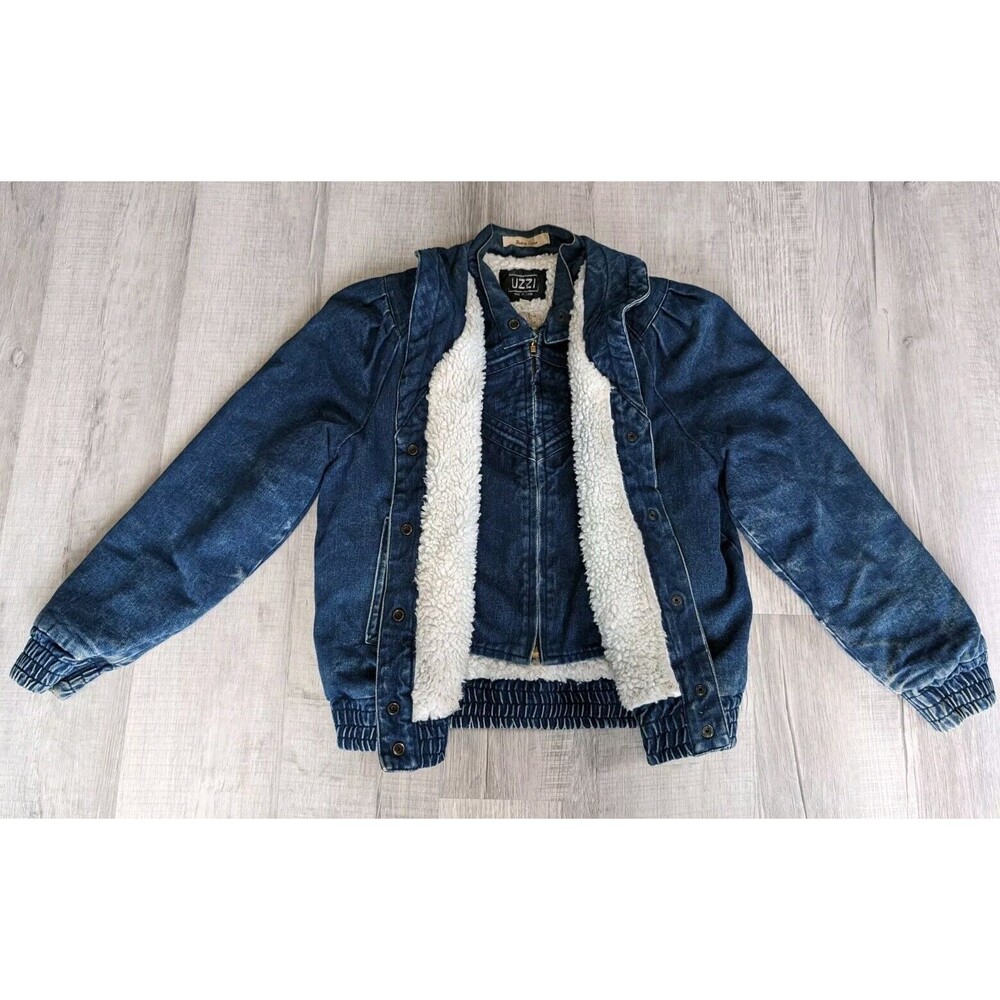 Vintage UZZI Denim Jacket Jean Sherpa Double Layer Lined Womens Sz Medium Zip Up
